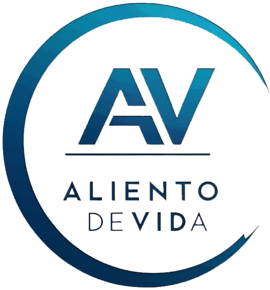 Logotipo circular de Aliento de Vida con las iniciales AV en tonos azul degradado y texto en mayúsculas sobre fondo blanco
