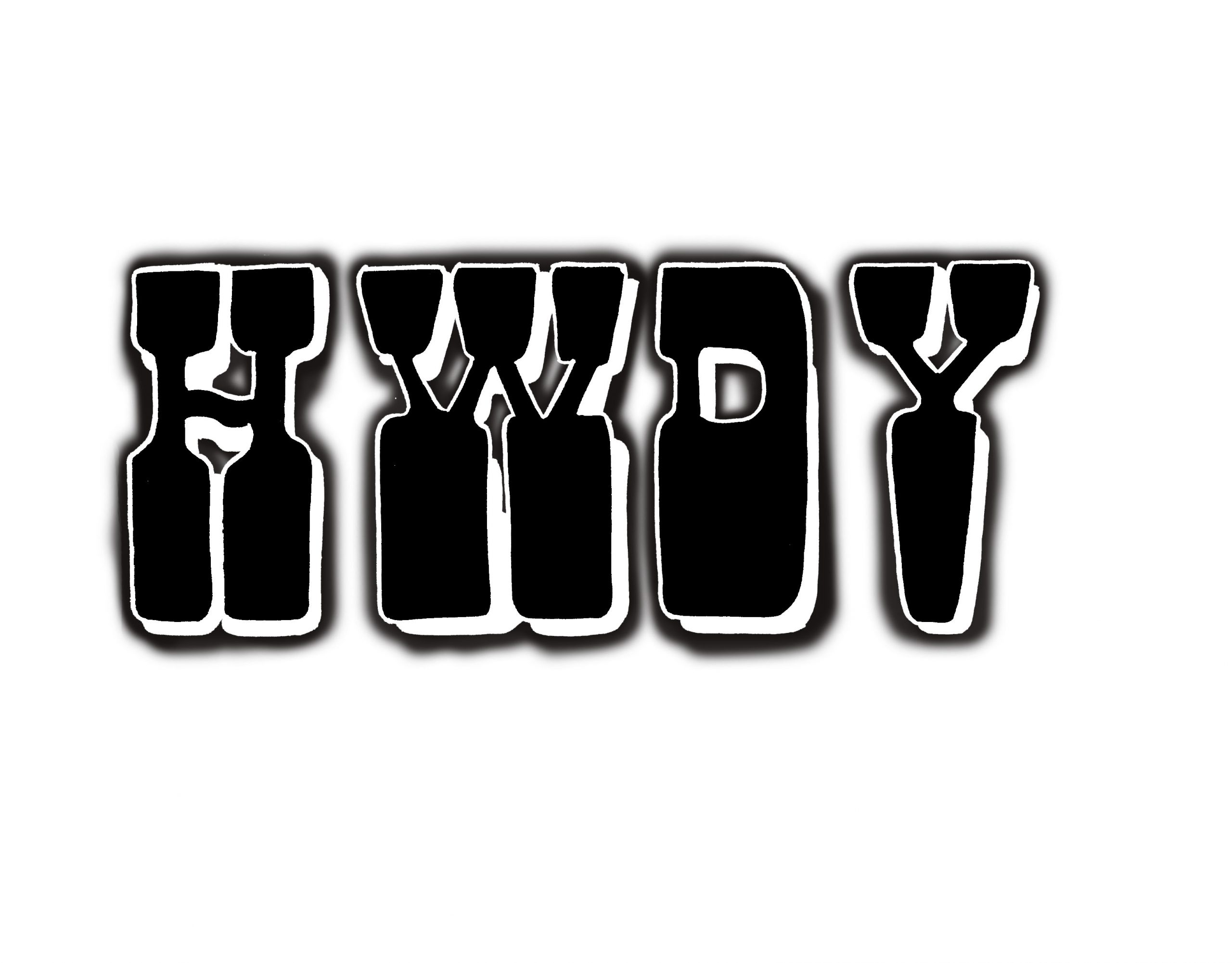 Logotipo HWDY en blanco y negro con efecto de sombra y letras estilo western sobre fondo blanco