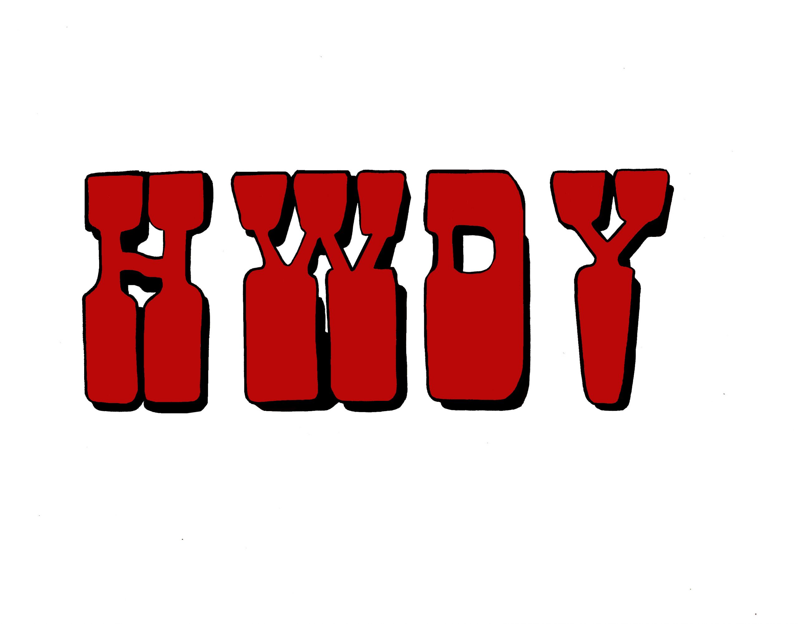 Logotipo de letras rojas HWDY con sombra negra en estilo tipográfico western sobre fondo blanco