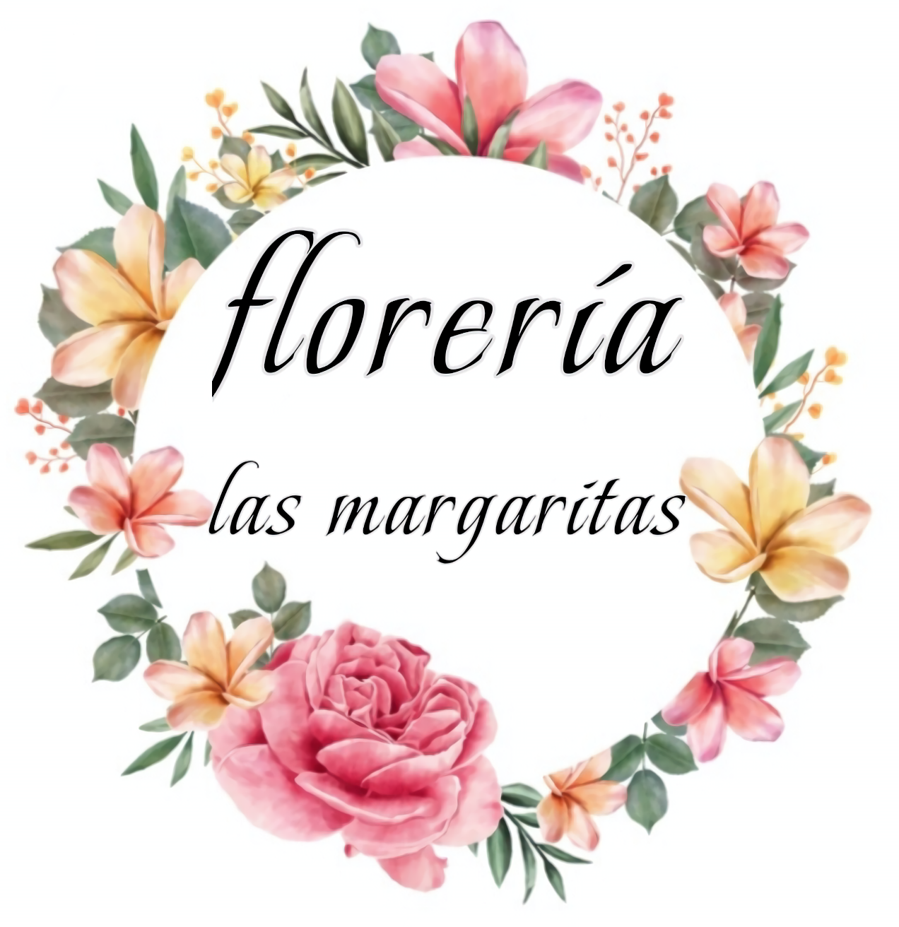 Logotipo de Florería Las Margaritas con letra F dorada decorada con flores y texto en tipografía clásica