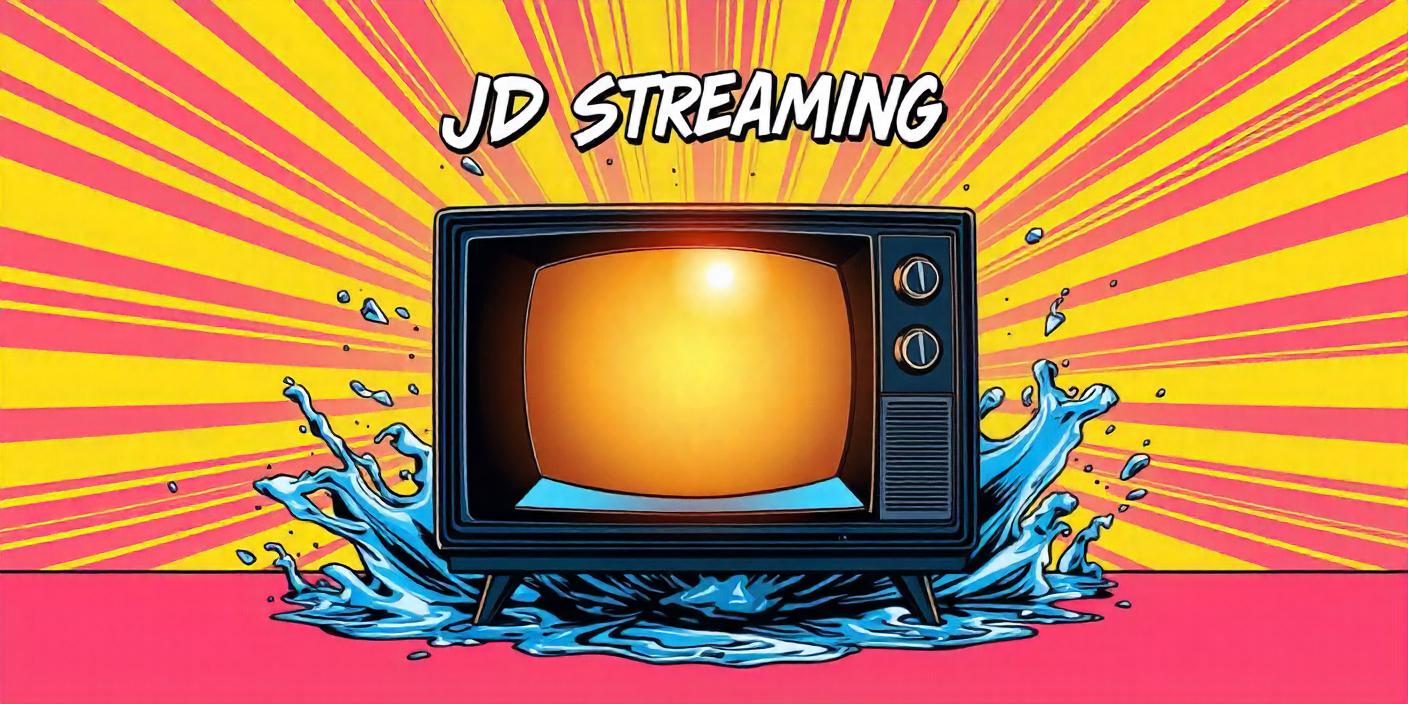 Logotipo de JD Streaming con televisor retro, fondo de rayos amarillos y rojos, y explosión de agua azul en estilo cómic