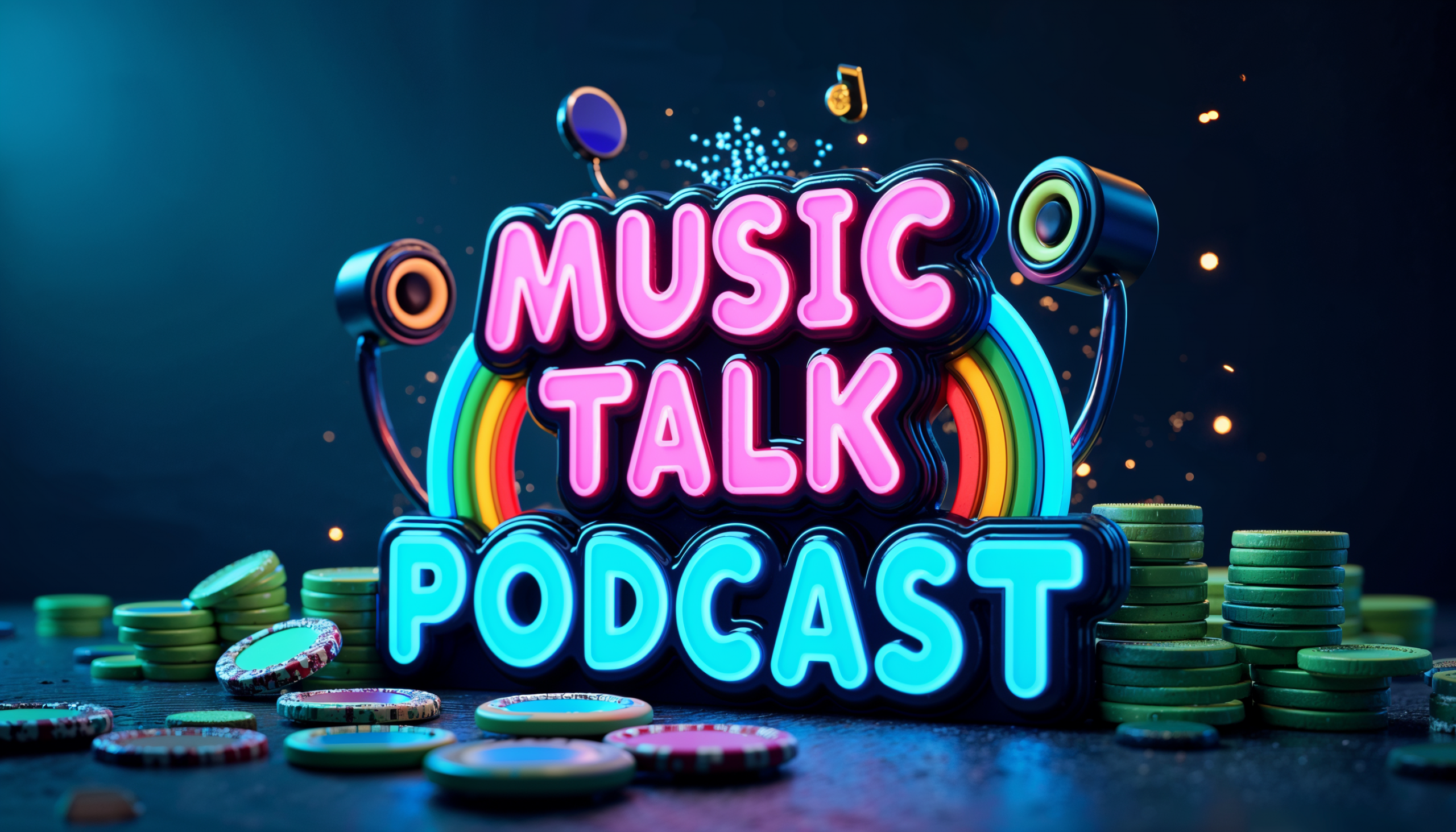 Logotipo en estilo neón colorido del podcast Music Talk, con altavoces, arcoíris y fichas musicales sobre fondo oscuro