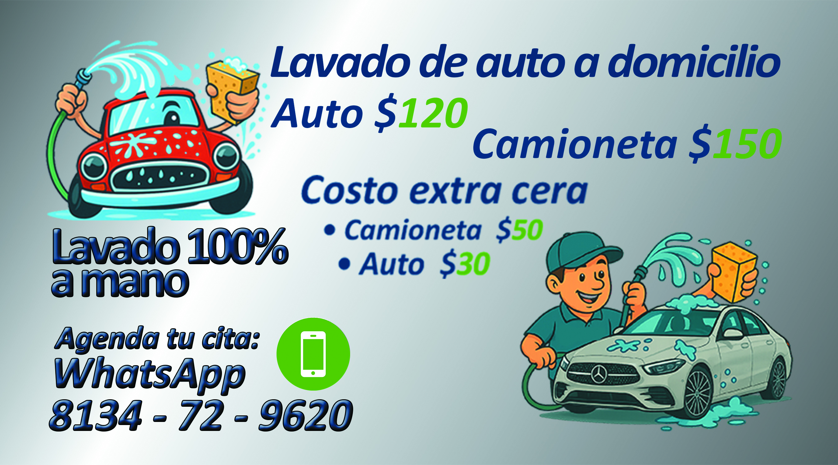 Promoción de lavado de auto y camioneta a domicilio, con precios desde $120, 100% a mano, incluye costo extra por cera y contacto por WhatsApp