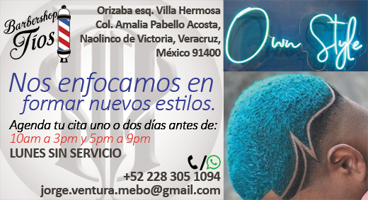 Imagen de presentación de BarberShop TíOs con dirección en Naolinco, Veracruz, mensaje sobre estilos personalizados y contacto por WhatsApp