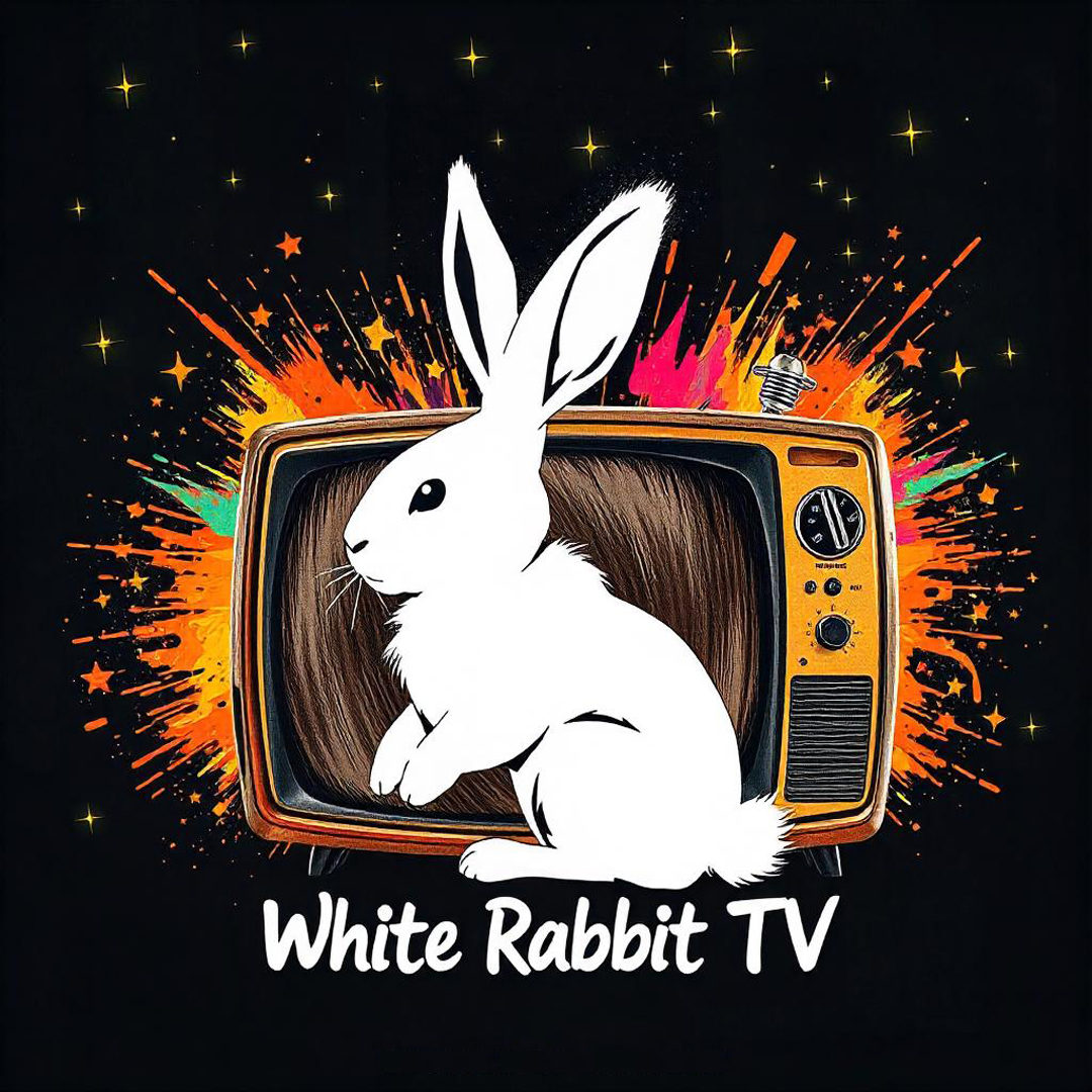 Logotipo de White Rabbit TV con un conejo blanco frente a una televisión retro y fondo explosivo de colores, sobre fondo negro estrellado